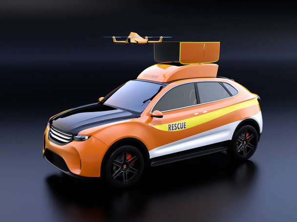 Quadcopter drone take off from orange electric rescue SUV on black background. 3D rendering image. - Photo, Image