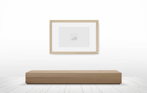 Foto frame en houten bankje in witte kamer ruimte achtergrond. Vectorillustratie. - Vector, afbeelding
