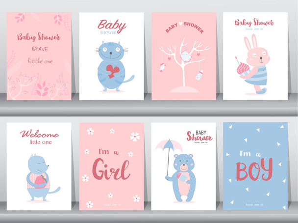 Set of baby shower invitations cards,poster,greeting,template,animal,cute,cat,rabbit,bear,Vector illustrations - Vektor, Bild