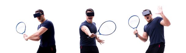 Male tennis player wearing virtual reality VR glasses isolated o - Photo, Image