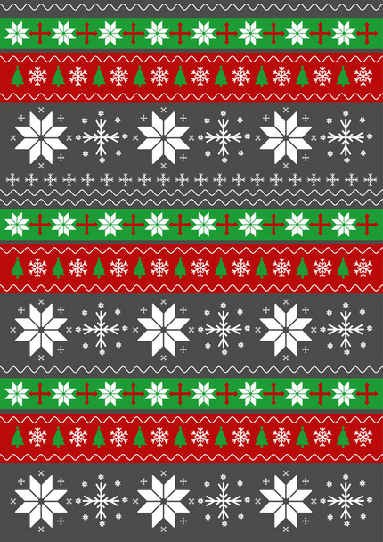 Feliz Navidad Feliz Año Nuevo marco de la tarjeta de felicitación patrón de punto con copos de nieve. Patrón de suéter tradicional. Fondo de rayas rojas y verdes. Textura para walpaper. Ilustración vectorial
. - Vector, Imagen