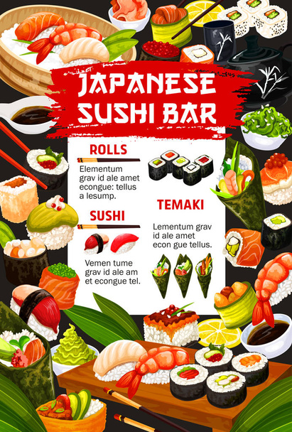 Japanese food cuisine and sushi bar meals menu - Vector, Image