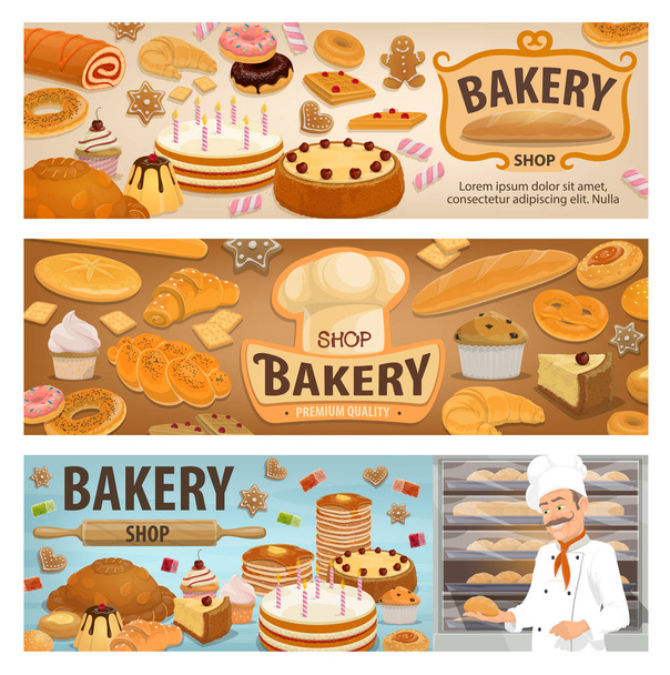 Bäckerei Geschäft Kuchen und Bäcker Konditorei Süßigkeiten Banner - Vektor, Bild