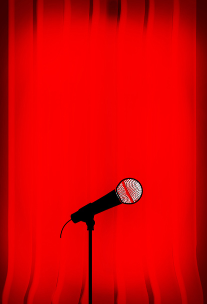 Rideaux rouge foncé avec un projecteur sur un microphone radio avec un espace de copie pâle
 - Photo, image