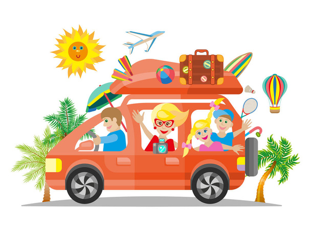 Reizen met de rode auto en gelukkige familie. Vector plat - Vector, afbeelding