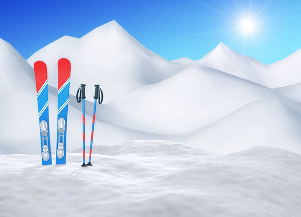 Esquí en la nieve en la cima de las montañas nevadas en un día soleado. Vacaciones de invierno y concepto de esquí. Renderizado 3D
 - Foto, Imagen