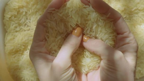 Ženská ruka pořizování hrst rýže basmati v přirozeném světle - Záběry, video