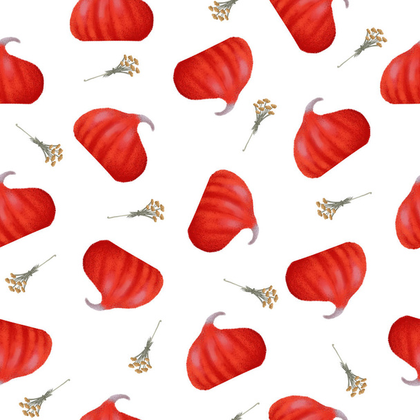 Seamless pattern with red pumpkin and herbal on white background as fabric, textile, clothes, paper. Raster illustration - Valokuva, kuva