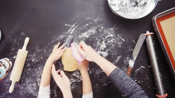 Anya és lánya koponya cookie-k sütés cukor Dia de los Muertos holiday felülnézete. - Felvétel, videó