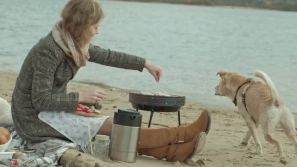 egy fiatal nő, egy kabátot ül a strandon, a folyó, óceán, van egy piknik, a szakácsok zöldség és a hús a grill, egy kutya játszik közeli, hideg időjárás - Felvétel, videó