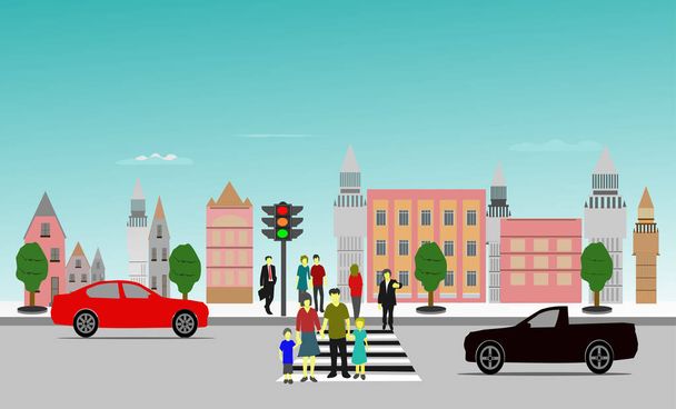 People crossing the crosswalk have stopped waiting,building and blue sky background - Vector, Image