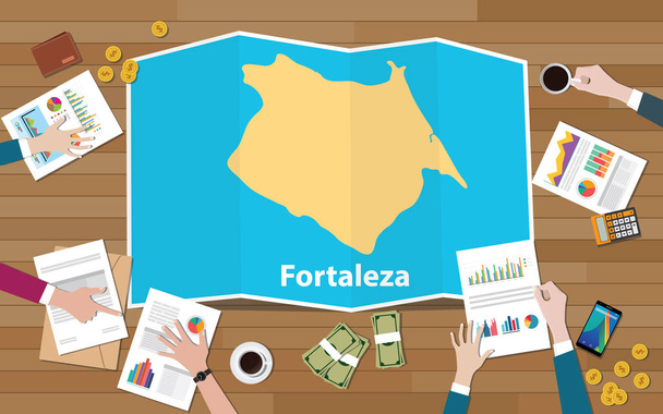 Fortaleza Brazilië ceara stad regio economie groei met team bespreken op vouwen kaarten uitzicht vanaf top vectorillustratie - Vector, afbeelding