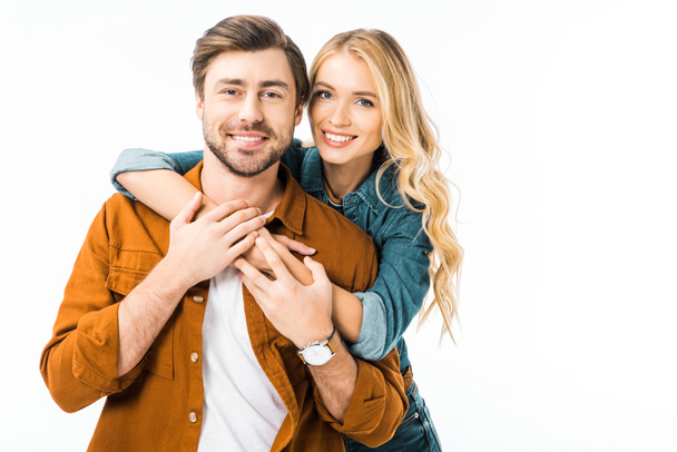 portrait of cheerful couple embracing each other isolated on white  - Fotografie, Obrázek