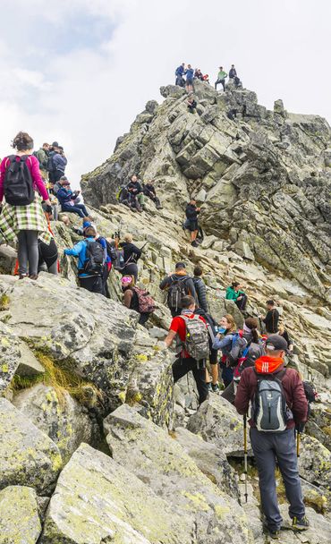 Palenica Bialczanska, Pologne - 08 septembre 2018 : Des foules de touristes au sommet de Rysy. Montagnes Tatra
. - Photo, image