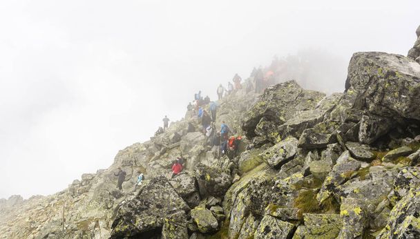 Palenica Bialczanska, Pologne - 08 septembre 2018 : Malgré le mauvais temps, la foule de touristes au sommet de Rysy. Montagnes Tatra
. - Photo, image