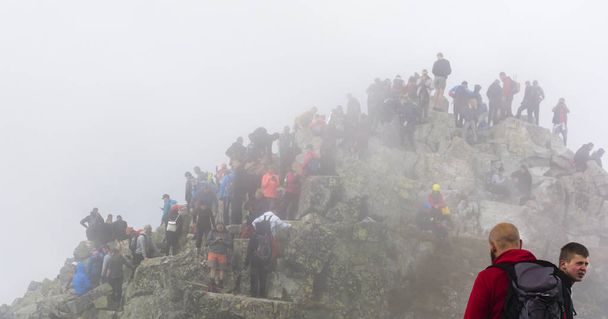 Palenica Bialczanska, Pologne - 08 septembre 2018 : Des foules de touristes dans la brume au sommet de Rysy. Montagnes Tatra
. - Photo, image
