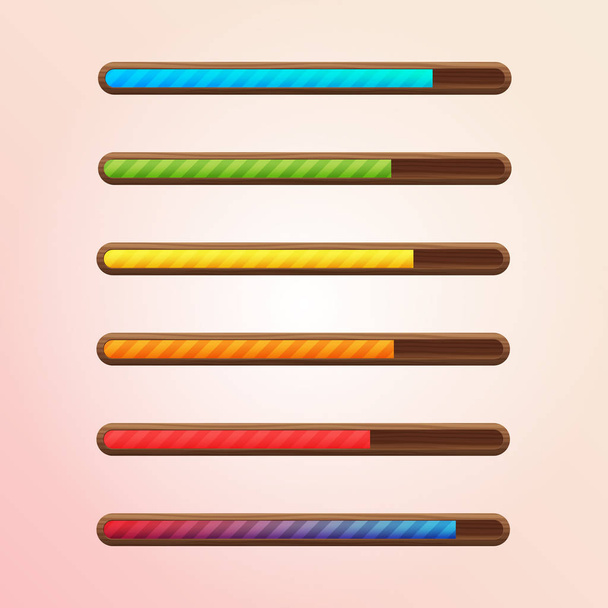 Set of six game resource bar in wooden frame with diagonal stripes. Cartoon style gui elements for mobile game. Vector design template for game, web development. - Вектор,изображение