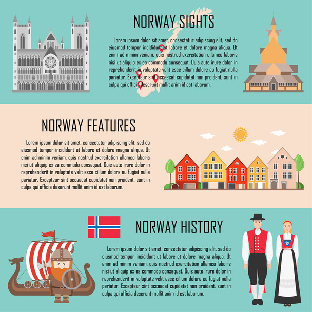 Norja banneri asetettu nähtävyyksiä, ominaisuuksia, historiaa. Matkailunähtävyyksien kokoelma. Vektoriesimerkki
 - Vektori, kuva