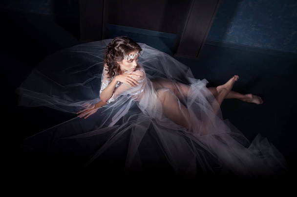 Portrait of young elegant tender woman in lace lingerie posing in luxury dark interior  - Фото, изображение