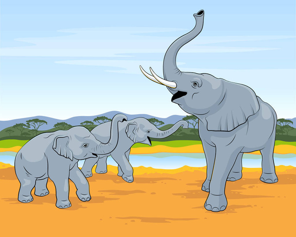 Słonie chodniki w sawanny. Duży słoń z dwóch małych słoni. Słoń wektor obrazu. - Wektor, obraz