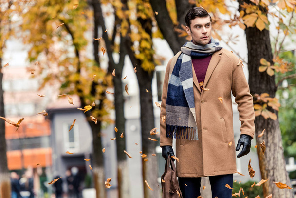 handsome stylish man in coat walking by autumnal street - Valokuva, kuva