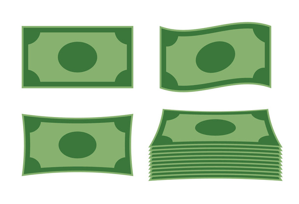 Zöld pénzt bankjegy vektor készlet. Rajzfilm, színes bankjegyek integetett, és egy halom pénzt ikon készlet. - Vektor, kép