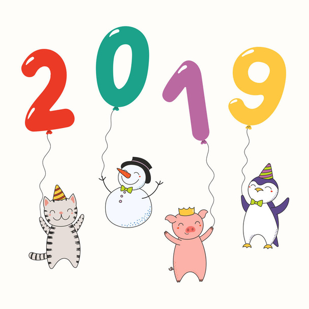Hand getekend Nieuwjaar 2019 wenskaart met schattige grappige dieren houden van getallen gemaakt van ballonnen geïsoleerd op een witte achtergrond. Vectorillustratie. Ontwerpconcept voor een partij - Vector, afbeelding