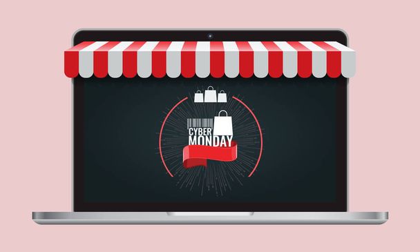Cyber monday or black friday and Online store shopping concept laptop screen with striped awning. Vector Illustration. - Vector, Image