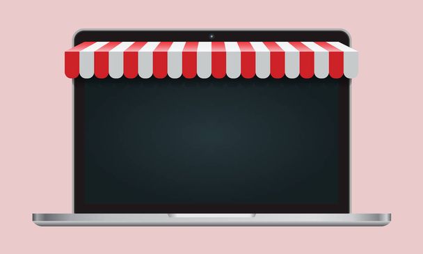 Mockup laptop realista com toldo listrado e tela vazia. Conceito de compras online. Ilustração vetorial
. - Vetor, Imagem