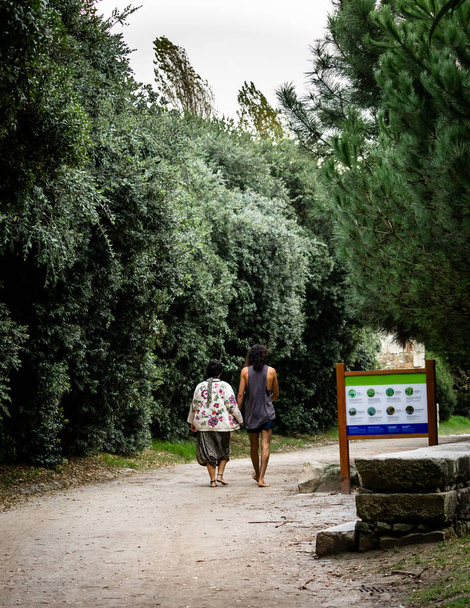 Вид сзади на пару хиппи, проходящую мимо знака в парке
. - Фото, изображение