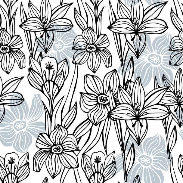 Vector monochrome, black and white seamless pattern with lilies. Hand-drawn contour lines. design greeting card and invitation of the wedding, birthday, mother's day, other holiday - Vektor, obrázek