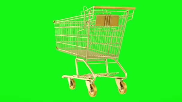 empty golden shopping cart loop rotate on green chromakey background - Footage, Video