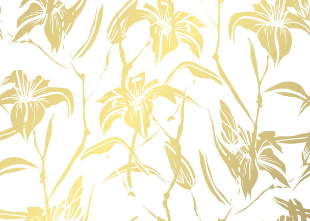 Elegant golden pattern with hand drawn decorative lilies, design elements. Floral pattern for invitations, greeting cards, scrapbooking, print, gift wrap, manufacturing - ベクター画像