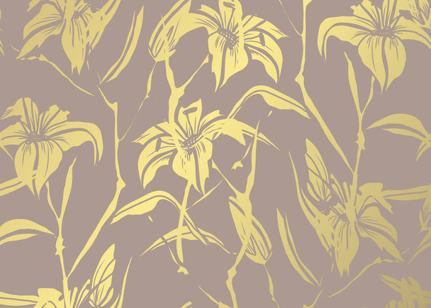 Elegant golden pattern with hand drawn decorative lilies, design elements. Floral pattern for invitations, greeting cards, scrapbooking, print, gift wrap, manufacturing - Wektor, obraz