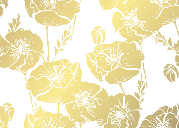 Elegant golden pattern with hand drawn decorative poppies, design elements. Floral pattern for invitations, greeting cards, scrapbooking, print, gift wrap, manufacturing - Vettoriali, immagini