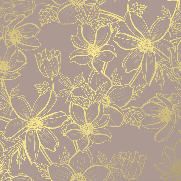 Elegant golden pattern with hand drawn decorative anemones, design elements. Floral pattern for invitations, greeting cards, scrapbooking, print, gift wrap, manufacturing - Vetor, Imagem