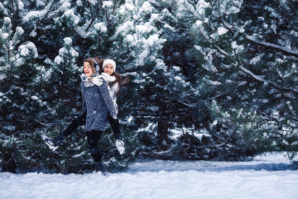 Mother and daughter have fun playing in the winter forest. - Photo, Image