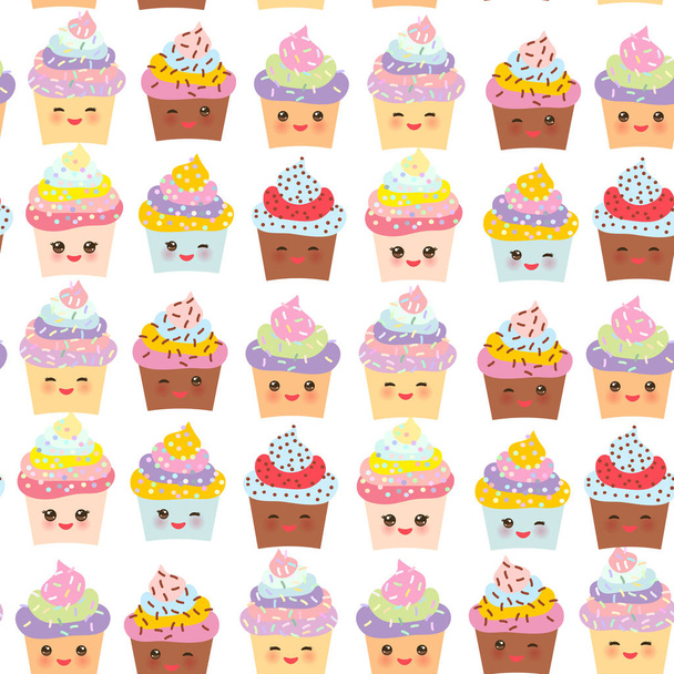Seamless pattern Cupcake Kawaii funny muzzle with pink cheeks and winking eyes, pastel colors on white background. Vector illustration - Vektor, obrázek