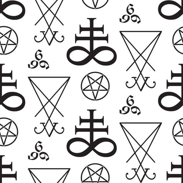 Seamless pattern with occult symbols Leviathan Cross, pentagram, Lucifer sigil and 666 the number of the beast hand drawn black and white isolated vector illustration paper or fabric print design - Vector, Image