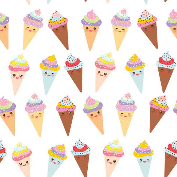 seamless pattern Kawaii funny Ice cream waffle cone, muzzle with pink cheeks and winking eyes, pastel colors on white background. Vector illustration - Vector, imagen