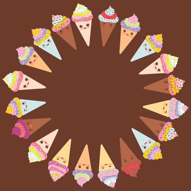 Karta projekt tekstu, szablon transparent z okrągłe ramki, Kawaii śmieszne lodów stożka wafel, kufa z różowymi policzkami i mrugając oczami, pastelowych kolorach na tle brązowy czekolada. Ilustracja wektorowa - Wektor, obraz