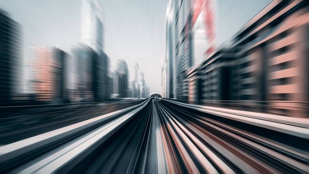 View from first railway carriage. Speed motion blur metro abstract background in the day - Fotoğraf, Görsel