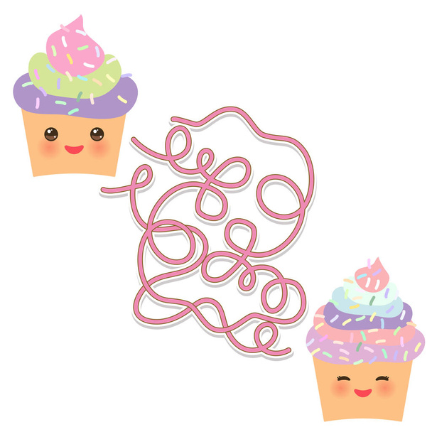 Cupcake Kawaii funny muzzle with pink cheeks on white background. labyrinth game for Preschool Children. Vector illustration - Διάνυσμα, εικόνα