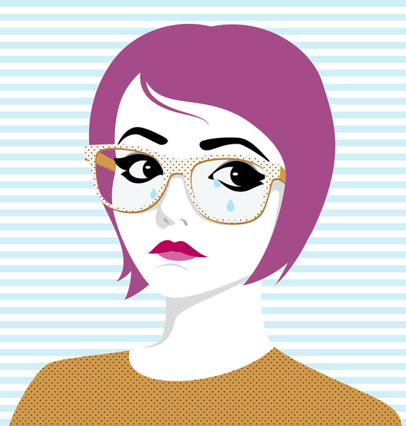 Vector portrait of the beautiful crying young woman with glasses and tears on her face - Wektor, obraz