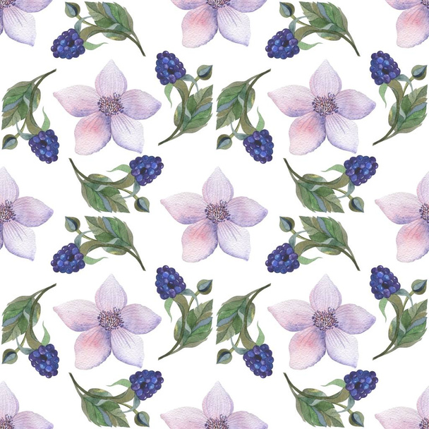 Floral pattern in watercolor style. Beautiful seamless pattern with blackberries, flowers and gentian. Can be used as a background template for Wallpaper, printing on fabrics. - Fotoğraf, Görsel