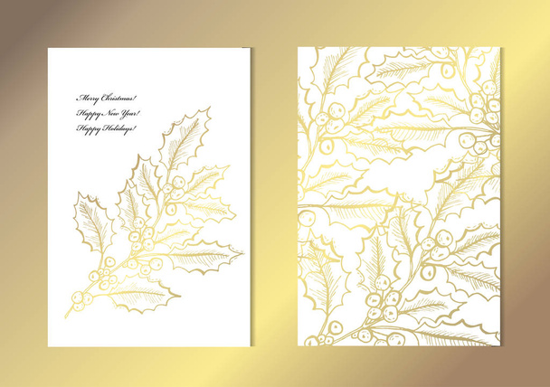Eleganckie złote karty z holly ozdobny jagody, elementy projektu. Może być używany na Boże Narodzenie, nowy rok, zima, urodziny, rsvp karty, zaproszenia, pozdrowienia. Złote szablon tło - Wektor, obraz