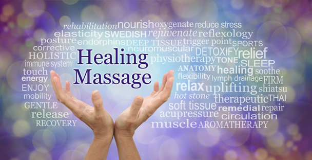 Healing Massage Word Cloud - mains féminines atteignant les mots HEALING MASSAGE entouré d'un nuage de mots pertinents sur un fond bokeh violet et or
 - Photo, image