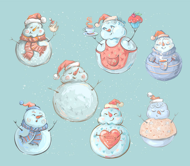 Set of cute playful snowmen. Elements from the Christmas collection of characters. Happy New Year, Merry Xmas design element. Good for card, banner, flayer, leaflet, poster. Vector illustration - Vettoriali, immagini