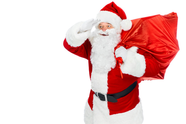 bearded santa claus with red christmas bag looking away isolated on white - Fotografie, Obrázek