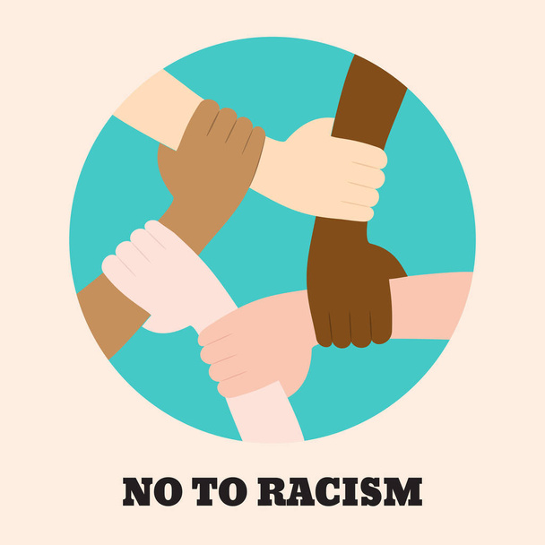 Stop racism icon. Motivational poster against racism and discrimination. Many hands of different races together in a circle. Vector Illustration - ベクター画像